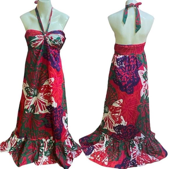 Ann Taylor Halter Dress Womens Multi Color Hawaiian Ruffle Hem Maxi Lined 2 - Picture 1 of 8